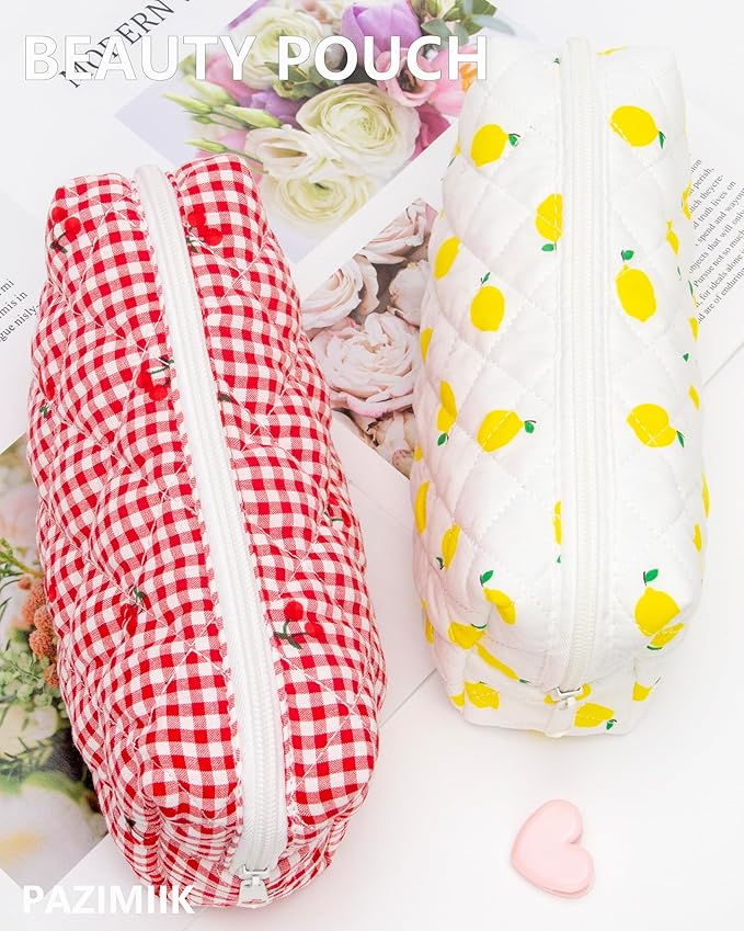 PAZIMIIK Small Quilted Makeup Bag,Zipper Cosmetic Pouch,Gingham Red Cherry