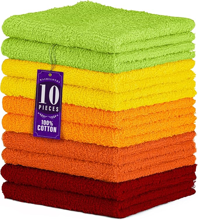 DecorRack 100% Cotton Washcloths 12x12 in, Assorted Set 2 (10 Pack)