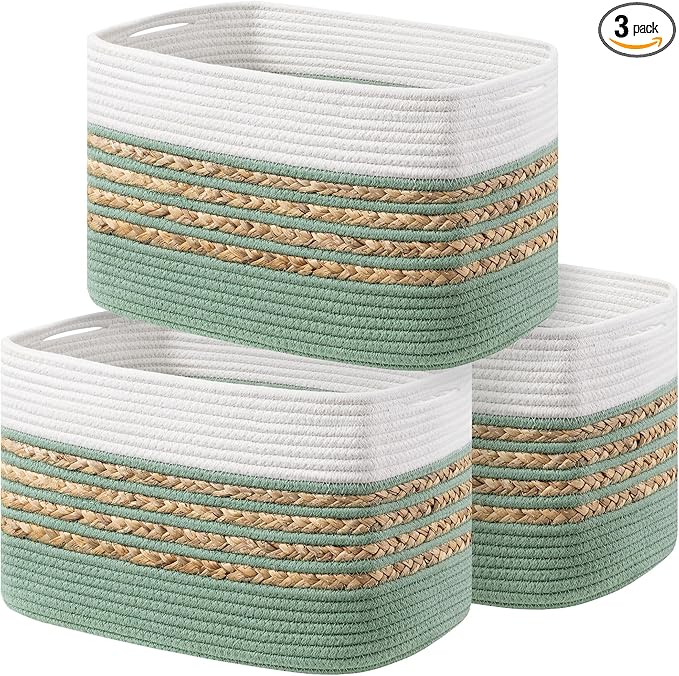 UBBCARE 3 Pack Baskets for Organizing, Woven Storage Baskets for Toys and Towel, Rectangle Cotton Rope Basket with Handles, 14''L x 8''W x9''H, Green