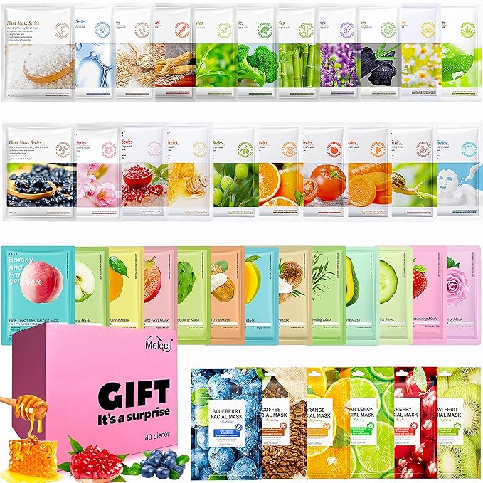 Meleell 40 Pack Collagen Face Masks Skincare Bulk for All Skin Types,Hydrating Spa Sheet Mask for Sensitive Skin, Facial Mask Sets For Women Skin Care,Hydrating Face Mask Gifts Set for Teen Girls