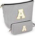 2 PCS Initial Makeup Bags for Women: Cosmetic Bag for Travel Toiletry - Birthday Gifts for 11 12 13 14 15 16 17 18 Years Old Girl Graduation Teacher Gift- Teen Girl Gifts Trendy Stuff - Black A