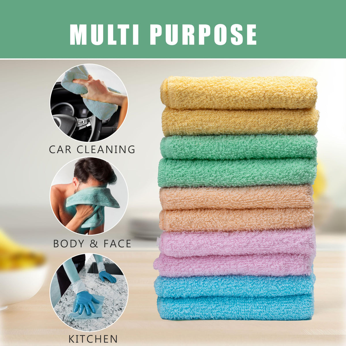 Textila Terry Washcloths – 12x12 Inches – Pack of 10 – Multicolor – Highly Absorbent, Soft Feel and Multipurpose Cotton Wash Cloths for Everyday Use