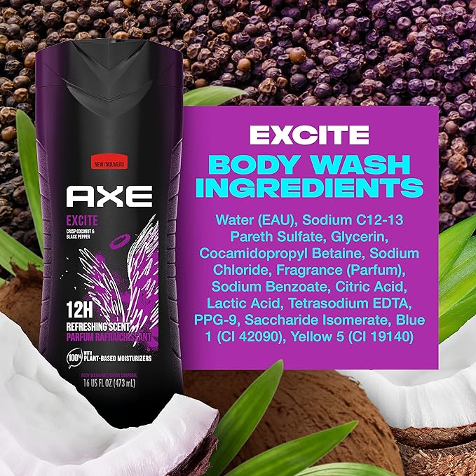 AXE Crisp Coconut & Black Pepper Body Wash 4 Count 12h Refreshing Scent Excite Men's Body Wash with 100% Plant-Based Moisturizers 16 oz