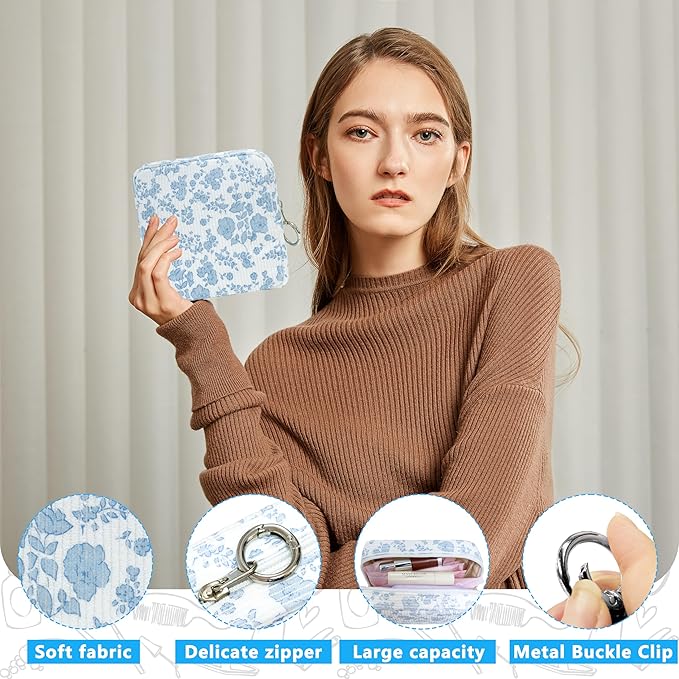 Period Bag for Girls, Corduroy Sanitary Napkin Storage Bag, Period Pouch & Tampon Holder, Feminine Care Organizer（Blue Flower）