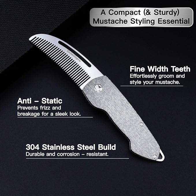 Dolmifapro Small Folding Mustache Comb, Metal Beard Comb for men EDC Pocket Mini Portable Fits In Keychain Anti-Static (Wood Grain)
