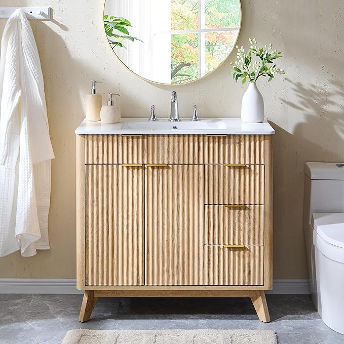 T4TREAM 36" Fluted Bathroom Vanity with Ceramic Sink Combo，Freestanding Modern Bathroom Storage Vanity Cabinet with 2 Soft Closing Doors & 3 Drawers，Wood Grain Texture，Metal Handle，Natural Oak