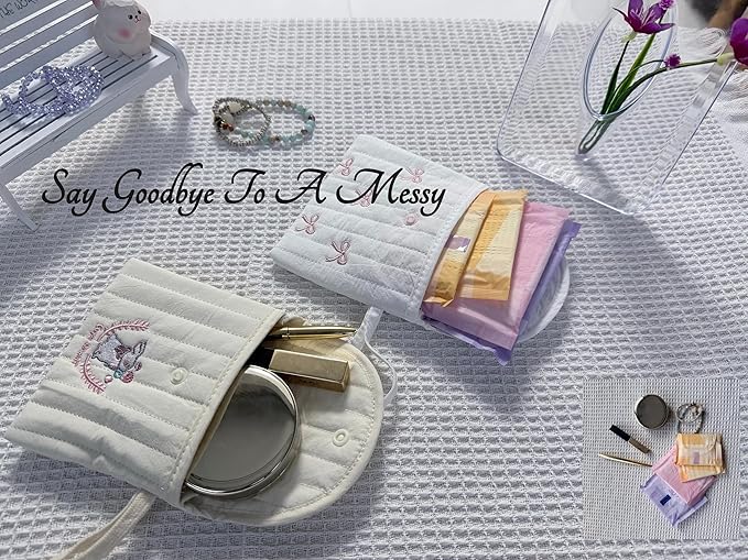 Period Bag Pouch for Girls and Women, Discreet Quilted Sanitary Pad and Tampon Bag for School Travel, Cute Embroidered Feminine Hygiene Organizer, Menstrual Product Holder
