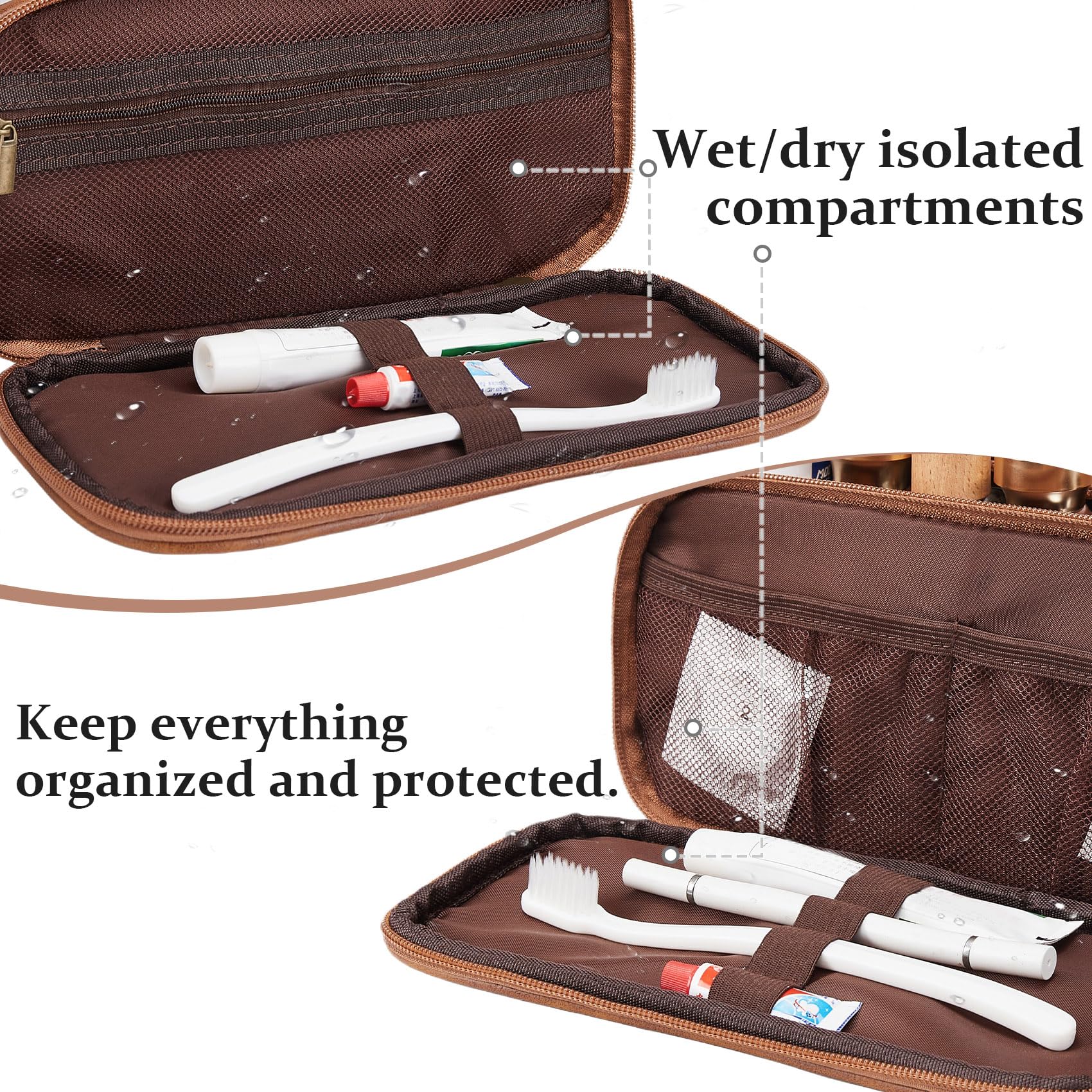 Travel Toiletry Bag For Mens PU Leather Engraved Initials (Yellow Brown M)