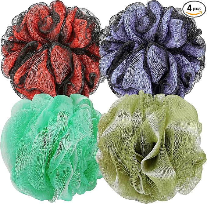 DadyMart Bath Shower Loofah Sponge 60g Bath Mesh Pouf Shower Ball Body Scrubber Exfoliating Bath Sponge for Women and Men, Set of 4, Black (Loofah-Medium