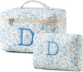 HBselect 2Pcs Initial Quilted Cotton Large Travel Cute Floral Coquette Makeup Cosmetic Toiletry Bag for Women Girls