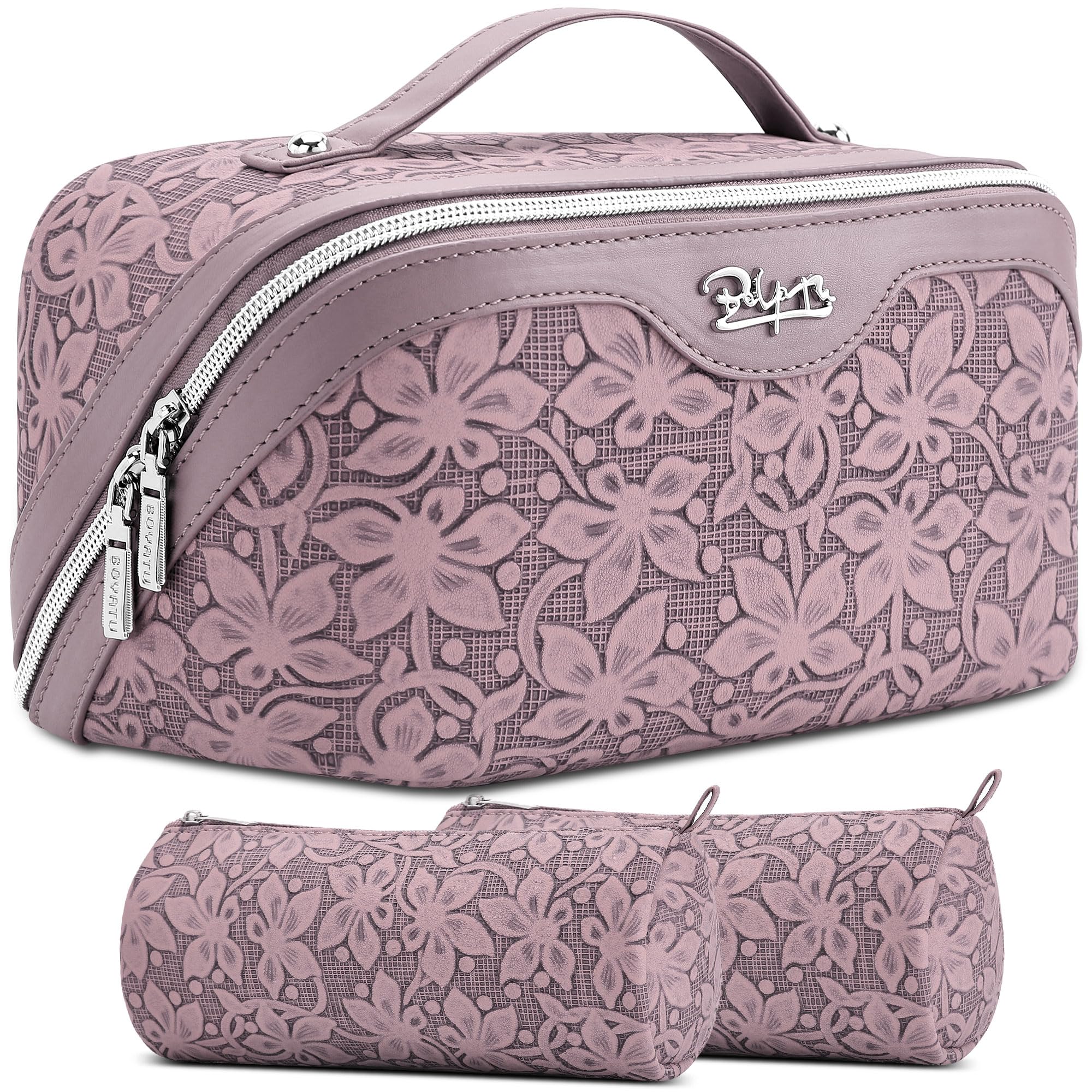 BOYATU Travel Makeup Bag Cosmetic Bags for Women: Large Capacity 3 Pcs Set Make up Bag with Compartments - Waterproof Vegan Leather Toiletry Organizer Bags with Handle (Z-64Purple)