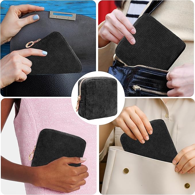 Period Bag for Girls, Corduroy Sanitary Napkin Storage Bag, Period Pouch & Tampon Holder, Feminine Care Organizer（Black）