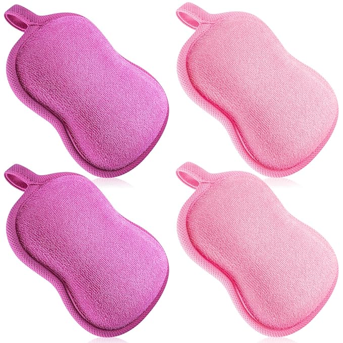 Tatuo 4 Pieces Baby Bath Sponge Toddler Bath Sponge Soft Comfy Cotton Absorbent Loofah for Kids Babies Boy Girl(Red, Purple)