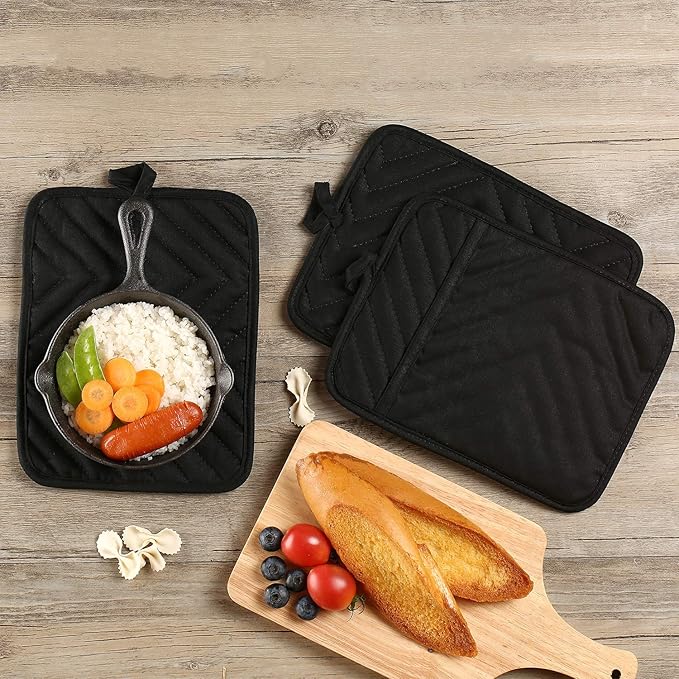 VEIKERY Oven Pot Holder with Pocket Cotton Heat Resistant Coaster Potholder Kitchen Hot Pad Oven Mitts for Cooking Square 7"x9" Set of 3 (Black)