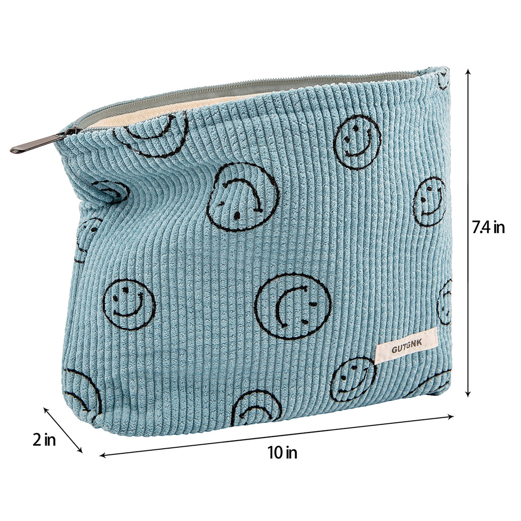 GUTGNK Makeup bag for Women, Corduroy Cosmetic Bag Aesthetic Design Ladies Tote Bag,Cute Smiley Face Makeup Organizer with Zipper - Blue