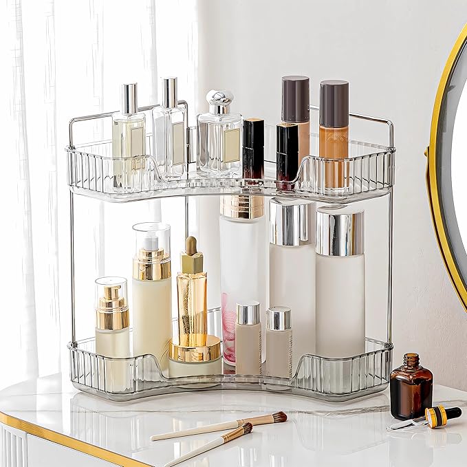 Weidace 2 Tier Corner Bathroom Counter Organizer Bathroom Countertop Shelf Makeup Organizer for Vanity Perfume Tray for Corner Storage (Grey)