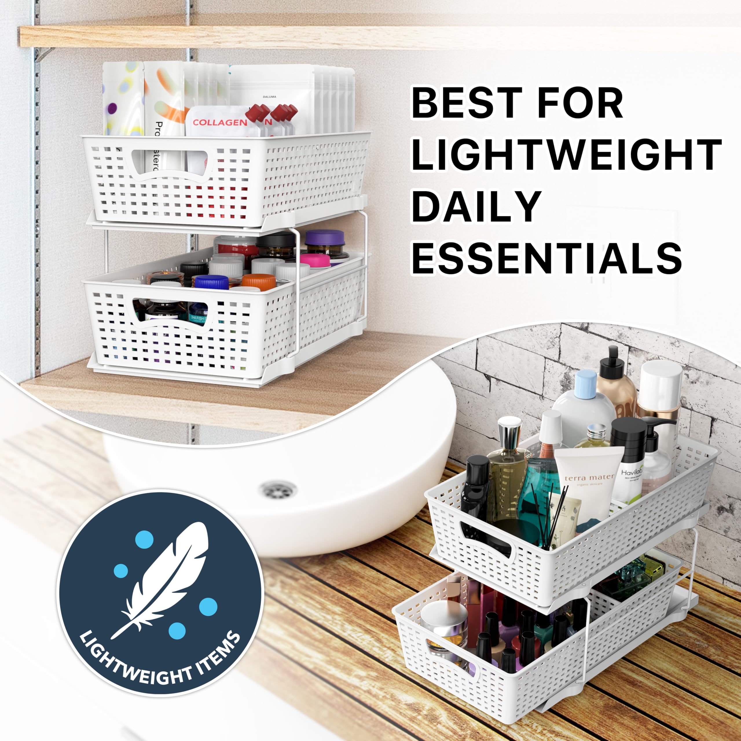 Simple Houseware 2 Tier Bathroom Organizer Tray Pull-Out Sliding Drawer, Under Sink Storage, White
