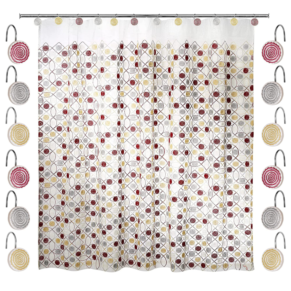 Zahari Home 13pc Rose Vine Bathroom Sheer Shower Curtain Sets Sheer Shower Curtain & 12 Shower Bathroom Hooks Modern Classic Luxury Contemporary Decor Beige Shower Curtain Set
