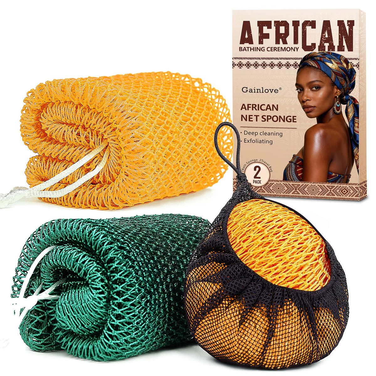 2 Pack African Net Sponge Authentic, Exfoliating Body Scrubber Bath Sponge
