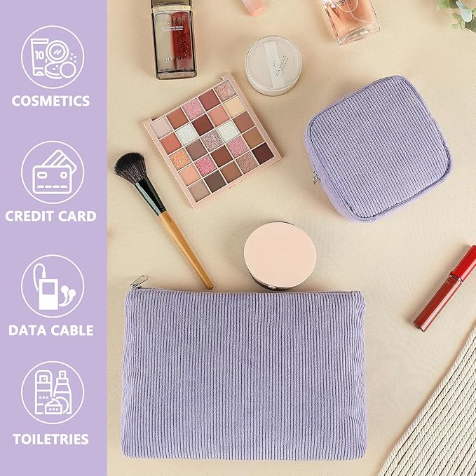 Fammart Corduroy Makeup Bag, Travel Cosmetic Bag Organizer Toiletry Bag Make Up Bags with Zipper & Compartments for Women Girls, 2PCS