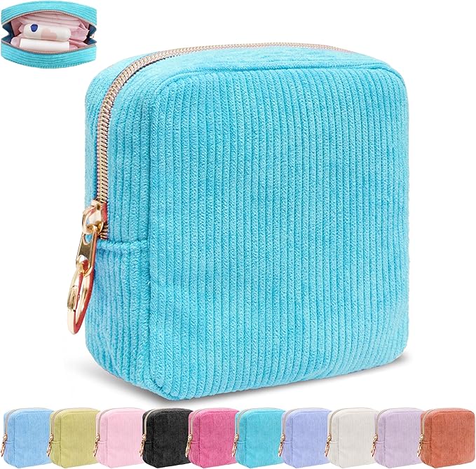 Period Bag for Girls, Corduroy Sanitary Napkin Storage Bag, Period Pouch & Tampon Holder, Feminine Care Organizer（Sky Blue）