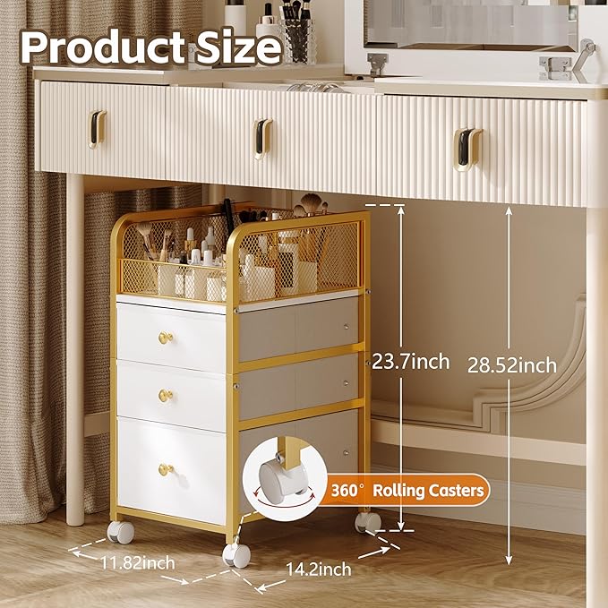 ZQUYAJ Rolling Makeup Organizer Cart with 3 Drawers Under Desk Storage