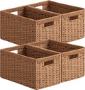 UBBCARE 4 Pack Wicker Basket, 13.4L×8.3H×7.1W inch Woven Paper Rope Storage Baskets for shelves, Foldable Rectangular Storage Baskets with Handle, Storage Basket for Organizing, Caramel