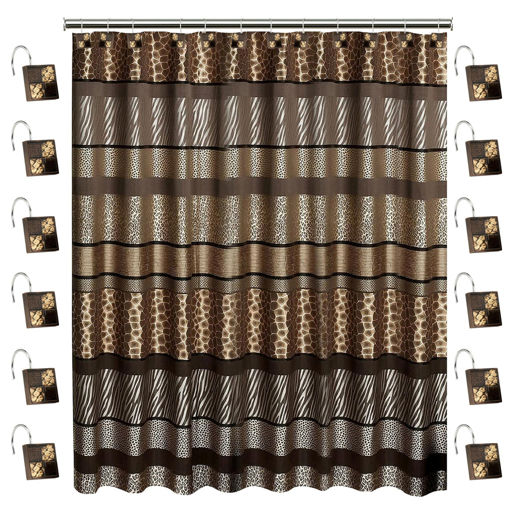 Zahari Home 13pc Rose Vine Bathroom Sheer Shower Curtain Sets Sheer Shower Curtain & 12 Shower Bathroom Hooks Modern Classic Luxury Contemporary Decor Beige Shower Curtain Set