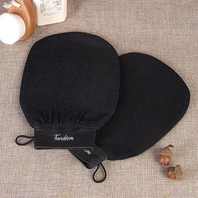 Exfoliating Gloves 2 Pcs, Korean Exfoliating Mitt, Body Scrub for Dead Skin Remover, Exfoliating Body Scrubber for Bath Shower, Body Exfoliator Scrubber, Moroccan Exfoliate Glove, Women Men (Black)