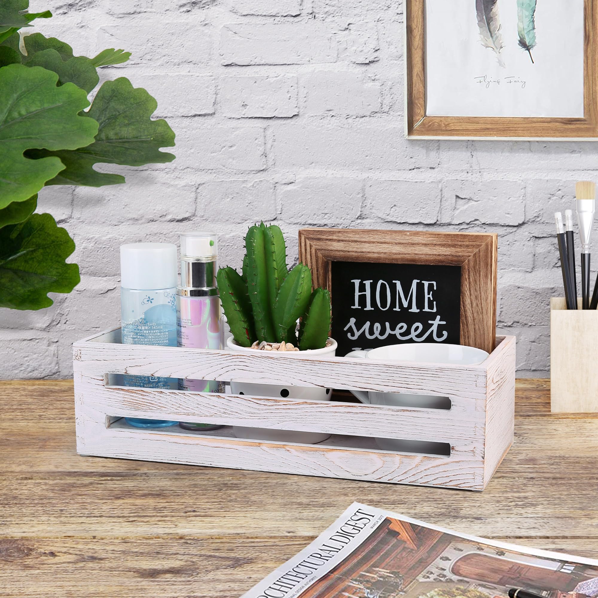 LotFancy Bathroom Decor Box, 2 Pack Wooden Toilet Paper Holder, White Toilet Storage Basket for Back of Toilet, Farmhouse Toilet Tank Topper