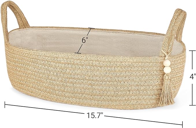 Mkono Small Storage Basket for Toilet Tank Top Boho Bathroom Decor Woven Rope Toilet Paper Tray Organizer for Shelf Bedroom Living Room, Jute, 1 Pack, 15.7" L x 6" W