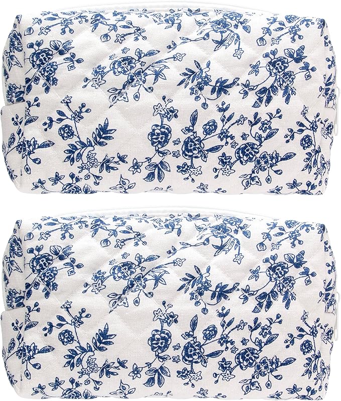 PAZIMIIK Small Quilted Makeup Bag,Zipper Cosmetic Pouch,Jouy Blue,2 Pack