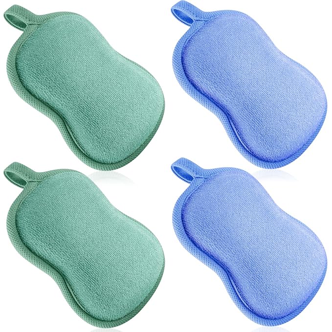 Tatuo 4 Pieces Baby Bath Sponge Toddler Bath Sponge Soft Comfy Cotton Absorbent Loofah for Kids Babies Boy Girl(Green, Blue)