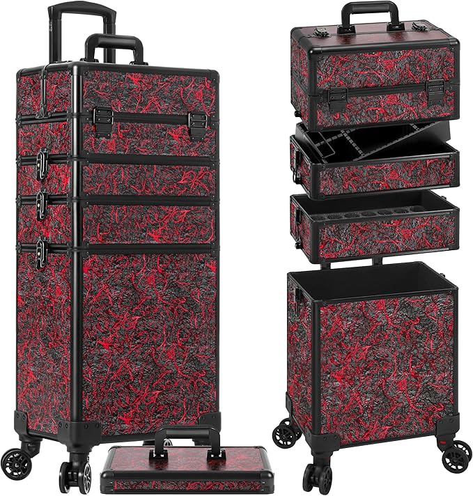 JINGUAN Professional Rolling Makeup Train Case with Lid, 5 in 1 Cosmetology Case on Wheels, Large Cosmetic Trolley Organizer Travel for Hairstylist Artist Nail Beauty Salon Barber, Red