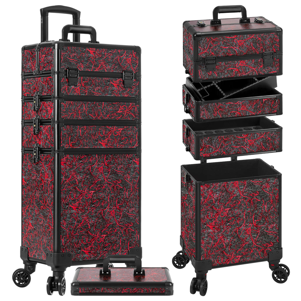 JINGUAN Professional Rolling Makeup Train Case with Lid, 5 in 1 Cosmetology Case on Wheels, Large Cosmetic Trolley Organizer Travel for Hairstylist Artist Nail Beauty Salon Barber, Red