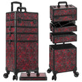 JINGUAN Professional Rolling Makeup Train Case with Lid, 5 in 1 Cosmetology Case on Wheels, Large Cosmetic Trolley Organizer Travel for Hairstylist Artist Nail Beauty Salon Barber, Red