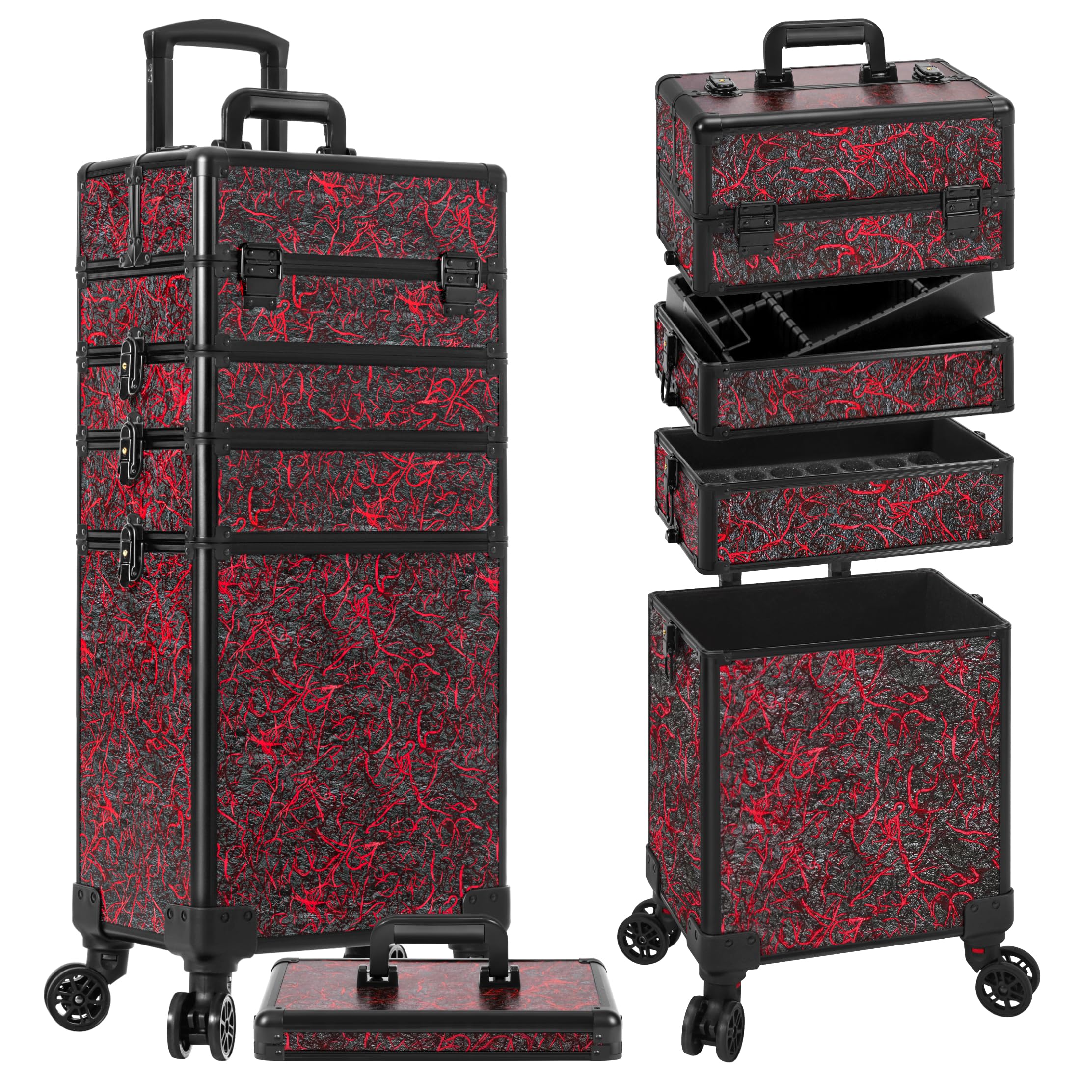 JINGUAN Professional Rolling Makeup Train Case with Lid, 5 in 1 Cosmetology Case on Wheels, Large Cosmetic Trolley Organizer Travel for Hairstylist Artist Nail Beauty Salon Barber, Red