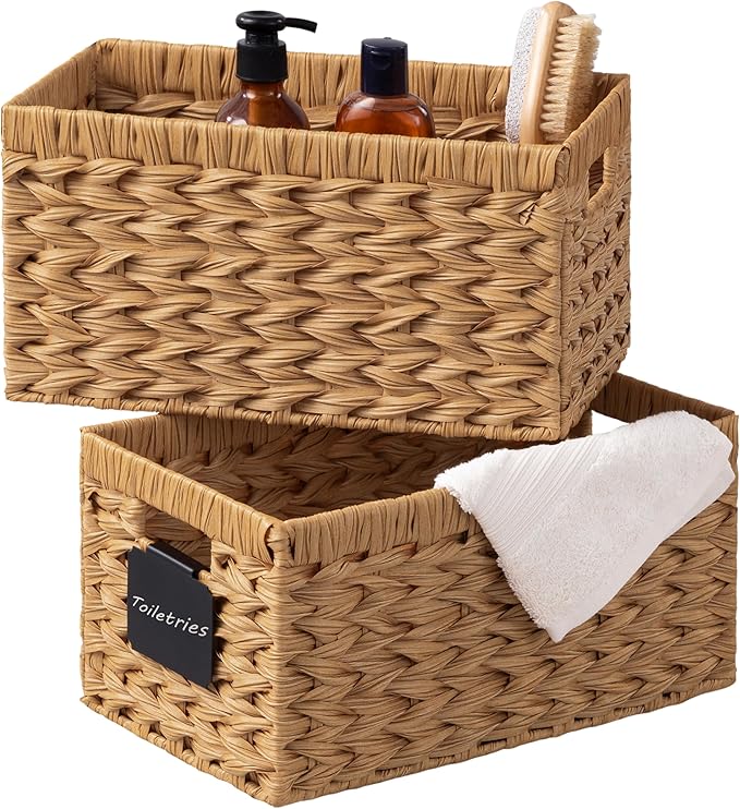 UBBCARE Storage Baskets with Label, Wicker Pantry Baskets for Shelves, Waterproof Woven Basket for Organizing, 2-Pack Plastic Rectangle Organizers with Handles,Natural (13.4L×8.3H×7.1W)