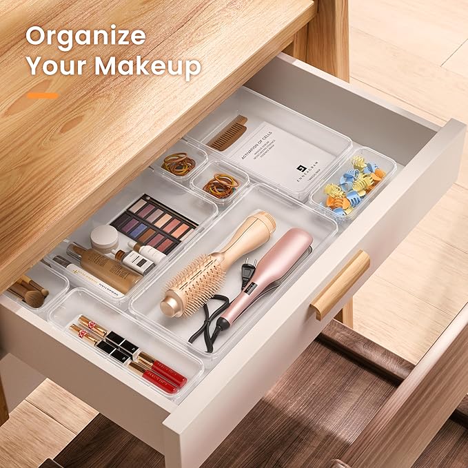 A-LuGei 【Military Grade】 Drawer Organizer,【𝟱𝗦𝗶𝘇𝗲】 Makeup organizer,【Holds 177 Items】 Bathroom Organizers and Storage,Organization and Storage,Desk Drawer Organizer for Vanity【Clear】