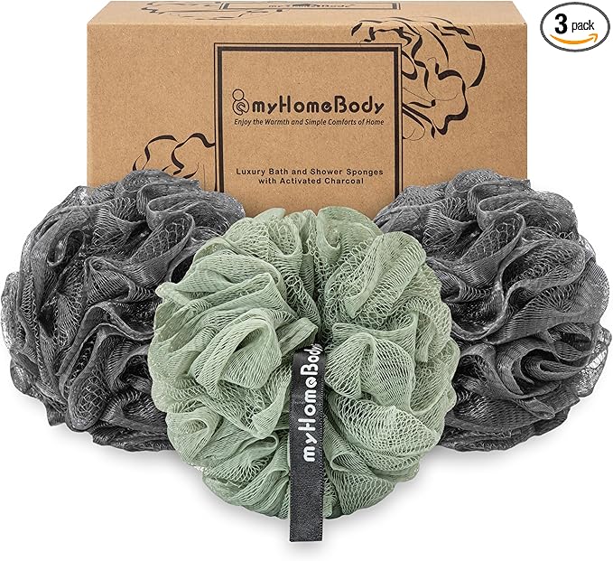 myHomeBody Large 70g Loofah Sponge, 2 Graphite Gray + 1 Sage Green, 3 Pack