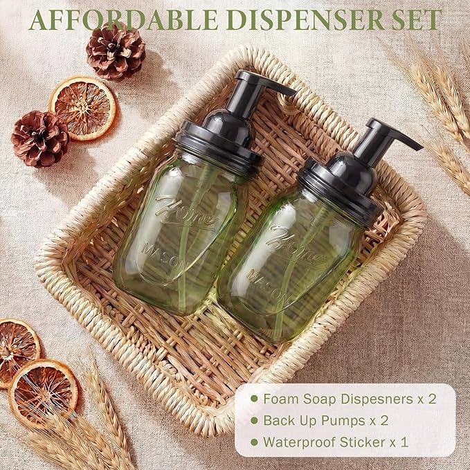 Amolliar Plastic Mason Jar Foaming Soap Dispenser Pump Lid, 16oz Foam Soap Dispenser with Cute Lables - Green Refillable Hand Soap Dispenser for Bathroom Kitchen Shower (2 Pack, Black)