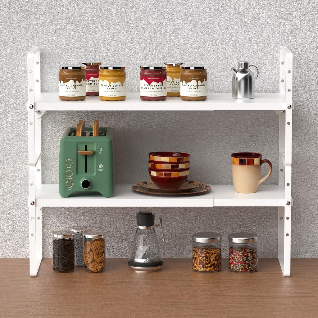 Slideep Expandable Counter Organizer Shelf, Stackable Cabinet Shelves Organizer Storage Rack Cupboard Stand Spice Rack for Kitchen Bathroom Pantry White -2 Set
