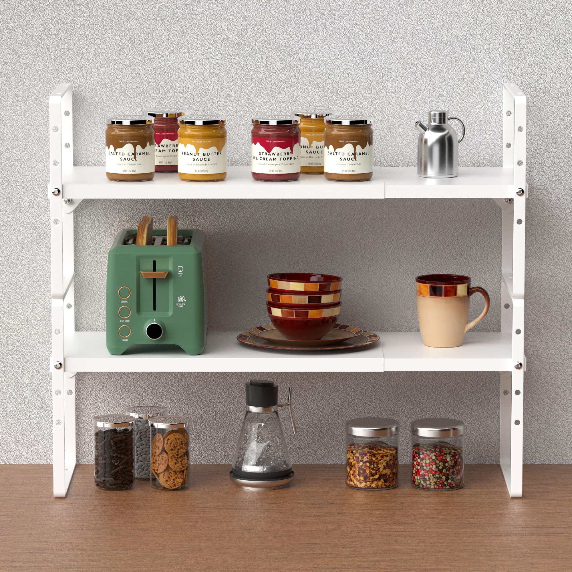 Slideep Expandable Counter Organizer Shelf, Stackable Cabinet Shelves Organizer Storage Rack Cupboard Stand Spice Rack for Kitchen Bathroom Pantry White -2 Set