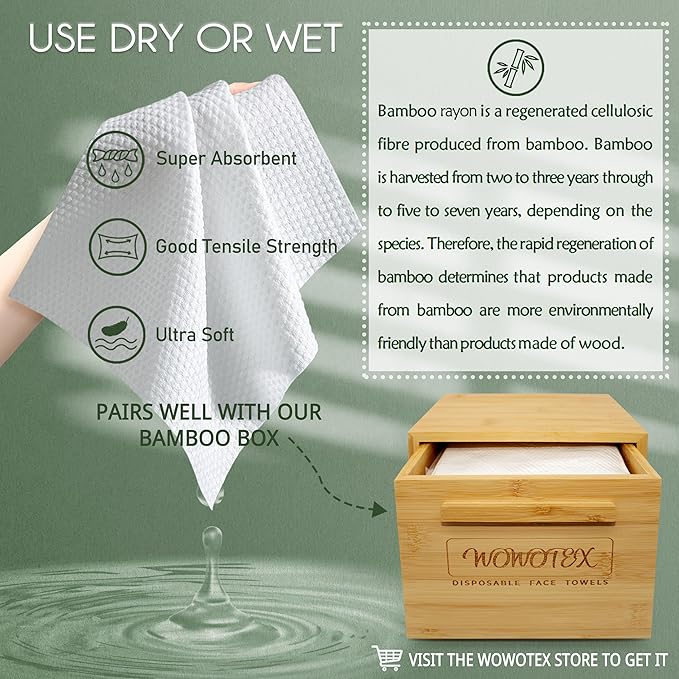 WOWOTEX Bamboo Viscose Disposable Face Towel Biodegradable Large Dry Face Wipes 240 Count Extra Thick Soft Clean Facial Towels for Sensitive Skin, Makeup Removing, Facial Cleansing