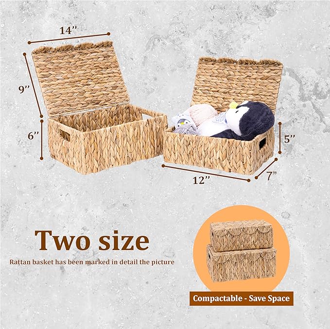 Set of 2 Scalloped Edge Wicker Basket with Lids, Rectangle Wicker Storage Basket with Built-in Handles, Multipurpose Organizer Rattan Display Boxes for Shelf, Nursery Room