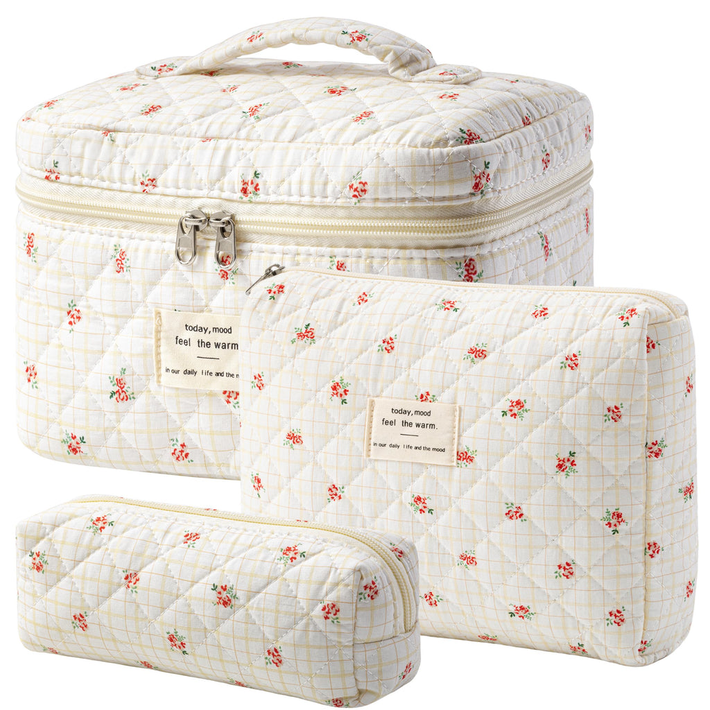 HBselect Quilted Makeup Bag, 3Pcs Cotton Large Travel Makeup Bags Organizer