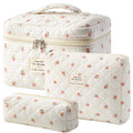 HBselect Quilted Makeup Bag, 3Pcs Cotton Large Travel Makeup Bags Organizer
