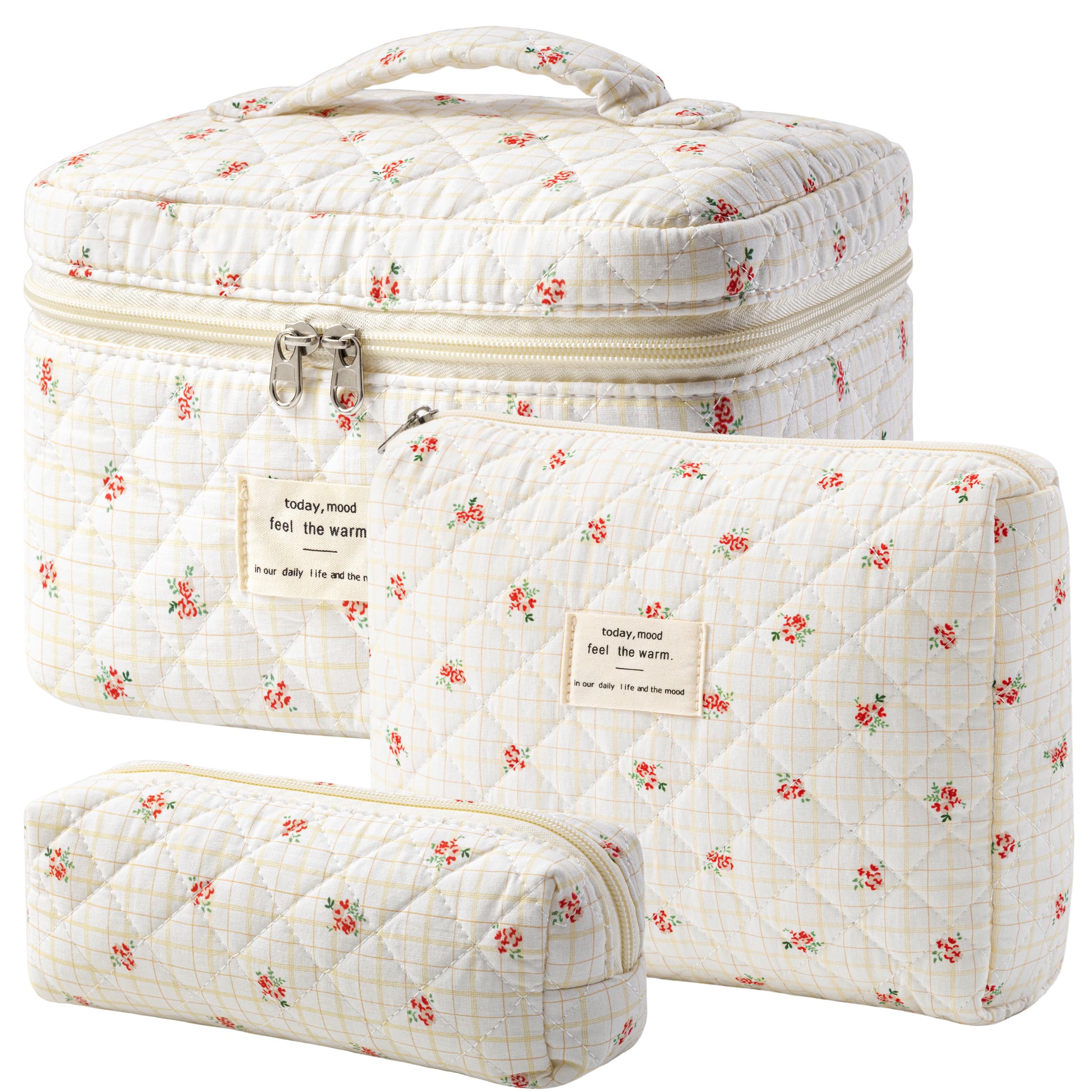HBselect Quilted Makeup Bag, 3Pcs Cotton Large Travel Makeup Bags Organizer