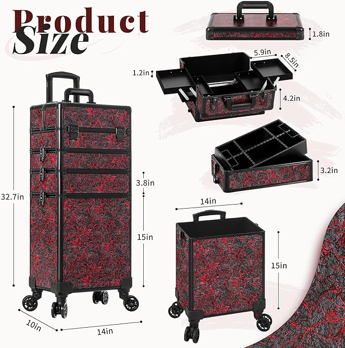 JINGUAN Professional Rolling Makeup Train Case with Lid, 5 in 1 Cosmetology Case on Wheels, Large Cosmetic Trolley Organizer Travel for Hairstylist Artist Nail Beauty Salon Barber, Red