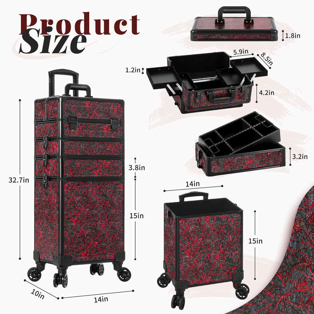 JINGUAN Professional Rolling Makeup Train Case with Lid, 5 in 1 Cosmetology Case on Wheels, Large Cosmetic Trolley Organizer Travel for Hairstylist Artist Nail Beauty Salon Barber, Red